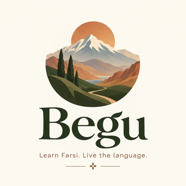 Begu logo: a mountain and cypress landscape with the tagline Learn Farsi. Live the language.